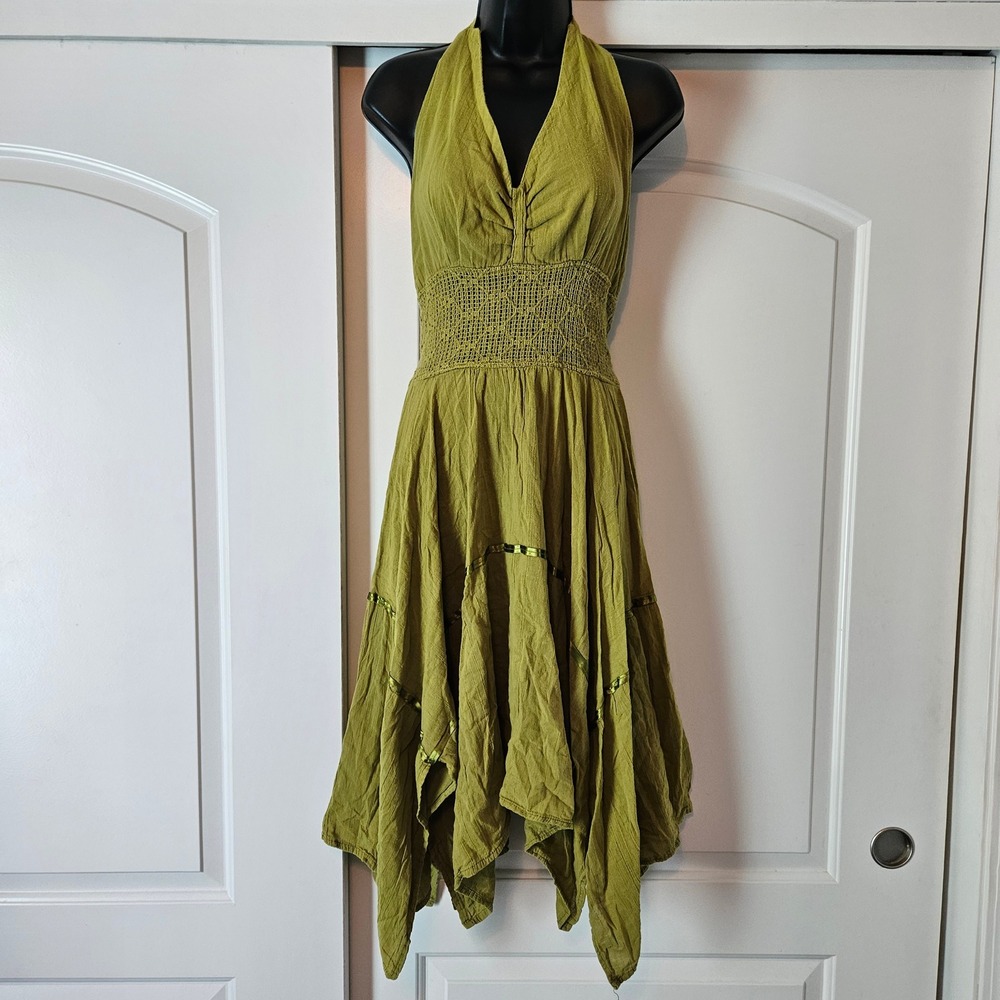 Halter Dress Goblincore Small Boho Fairy Green Smocked Handkerchief Hem Festival